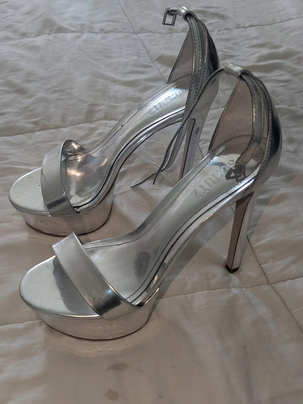 Schutz Silver Specchio Leather Platform Sandal
